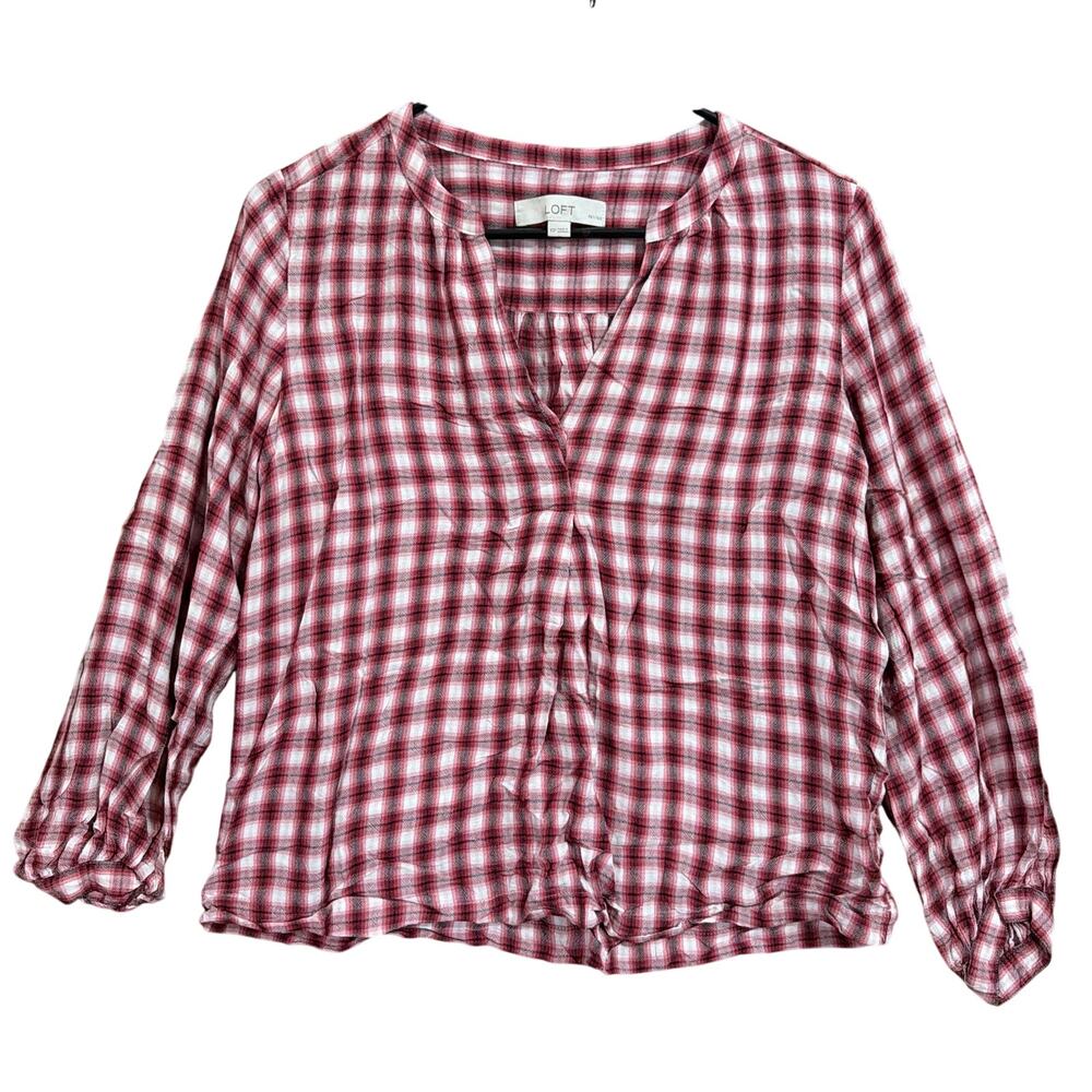 Loft Womens Blouse Red Plaid Lightweight Puff Sleeves V Neck Pullover XS Petite